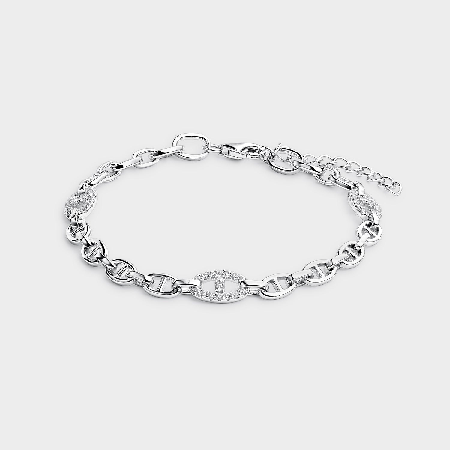 PULSERA PLATA ESLABONES TIPO ANCLA CON CIRCONITAS BLANCAS