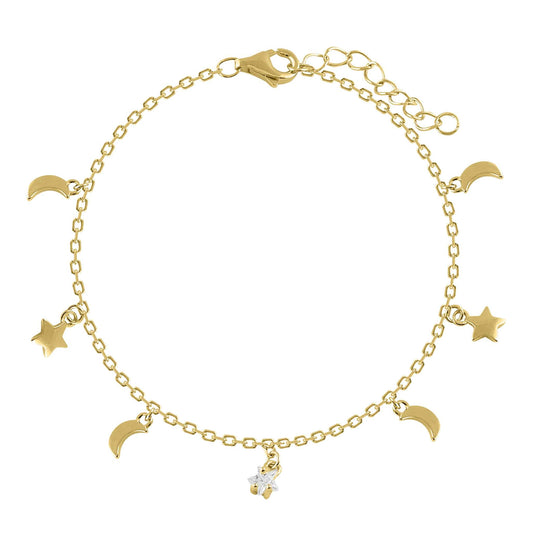 Pulsera de plata y circonitas bañada en oro lunas y estrellas