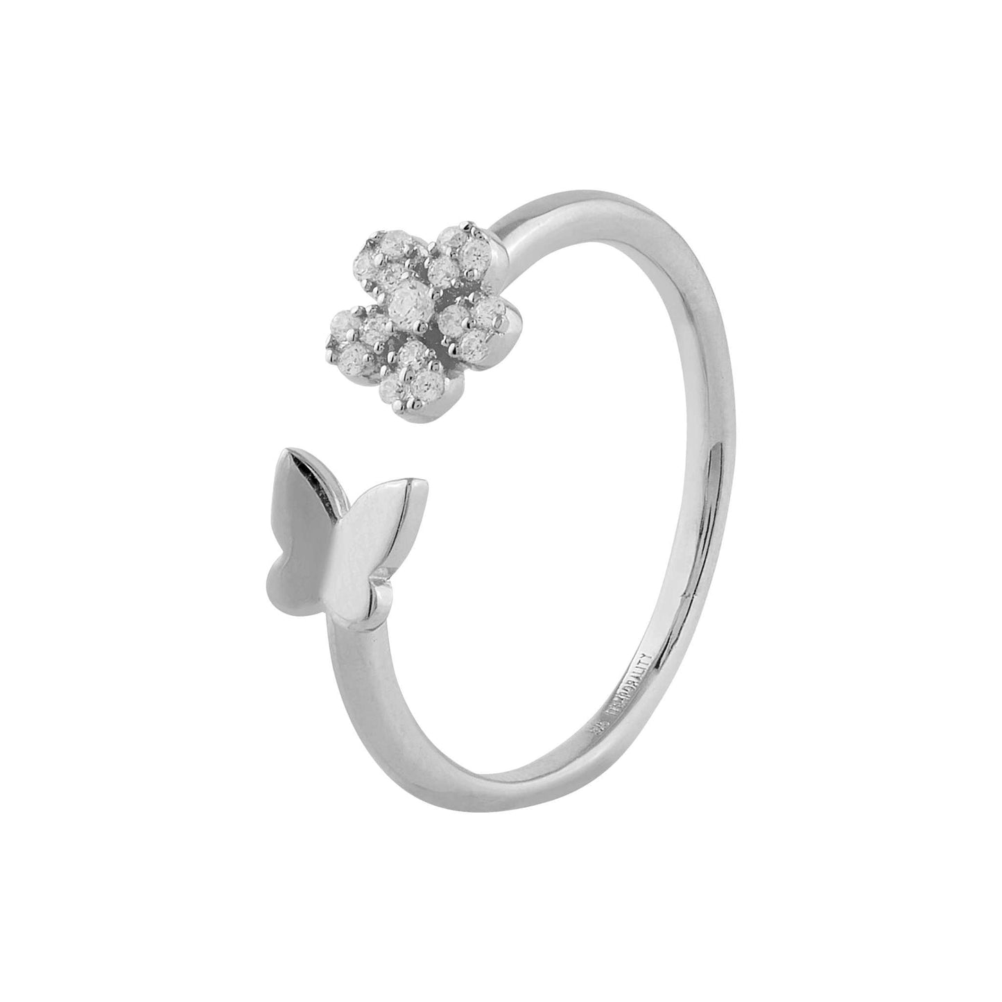 Anillo de plata mariposa y flor con circonitas