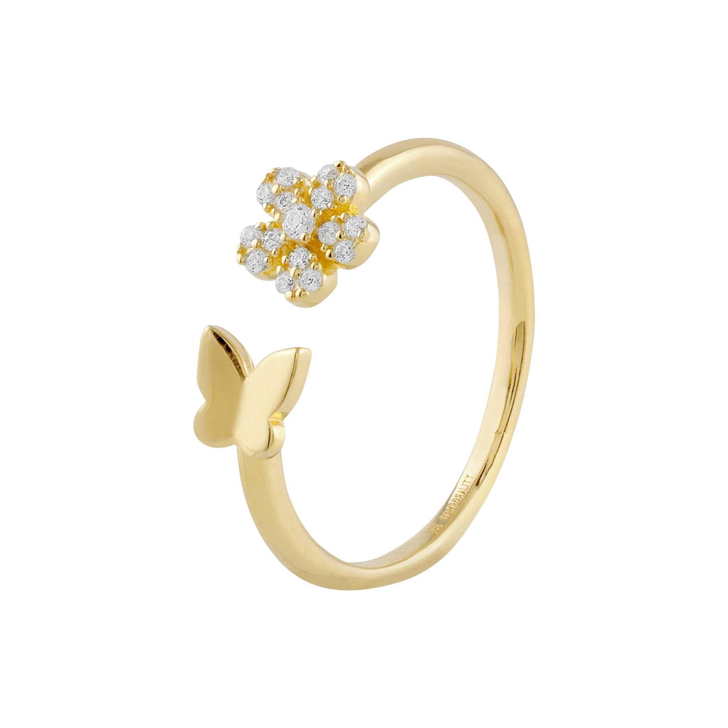 Anillo  de plata bañado en oro mariposa y flor con circonitas